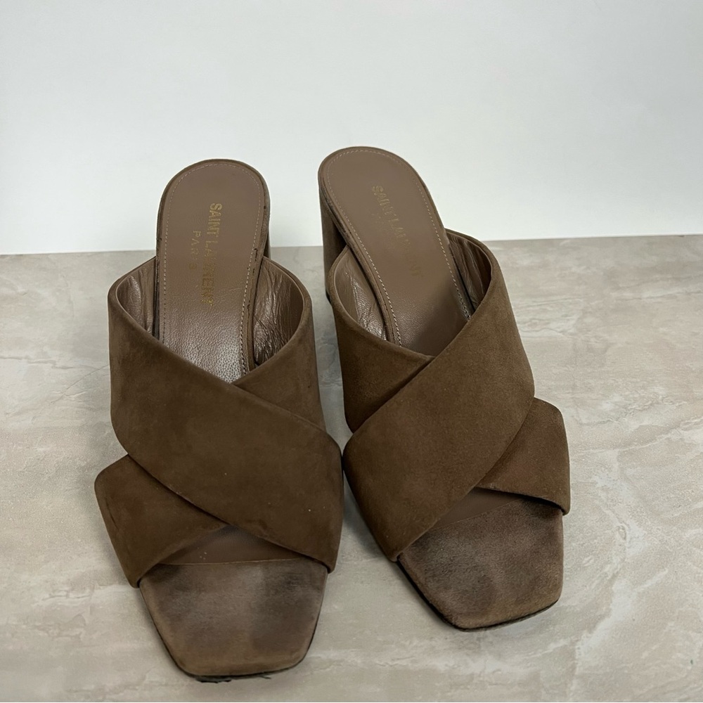 Saint Laurent Taupe Suede Crisscross Block Heel Mules with Gold YSL - Picture 3 of 13